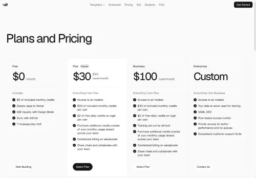 converted screenshot of v0 Pricing